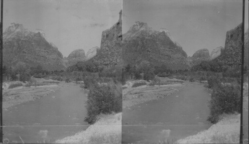 Majestic Spear Head, Cathedral and Angels Landing and Observation Point in Distance. This shows too many subject in one & repeats them in other views - I have shown just Spear Head & Cathedral Mt. in one #48042. Zion National Park. Utah