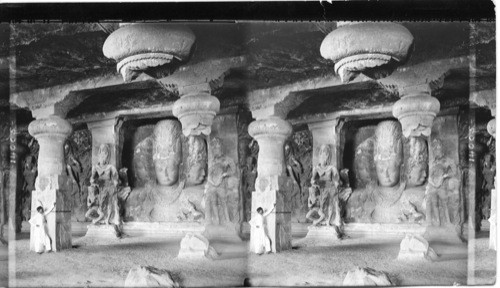 The Trimurti or three faced bust of Shiva, 19ft high, Elephanta Cave near Bombay, India, Elepantia Isle