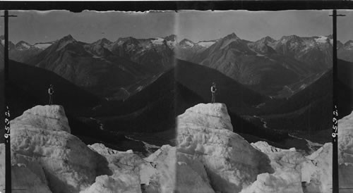 Illecillewaet Valley and Hermit Range from Illecillewaet Glacier. Selkirk Mts., B.C. Can