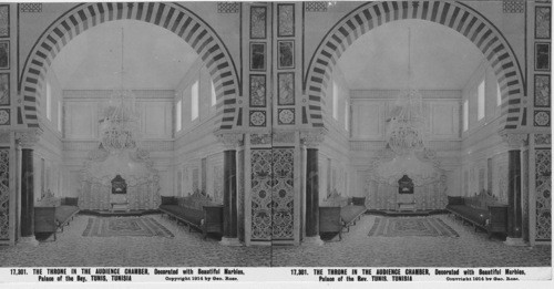 Inscribed in recto: 17,301. THE THRONE IN THE AUDIENCE CHAMBER. Decorated with Beautiful Marbles, Palace of the Bay, TUNIS, TUNISIA. Copyright 1914 by Geo. Rose