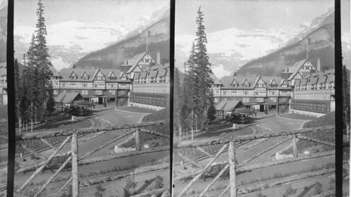 Chalet, Lake Louise and Mount Victoria, showing gasoline trolley service from main line C.R.R. Canada