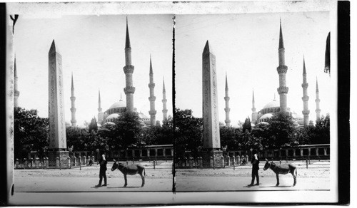 Egyptian Obelisk on Cite of Roman Circus (380 A.D.) Constantinople, Turkey. Mosque of Ahmed I only one of Constantinople’s temples with Six Mimares