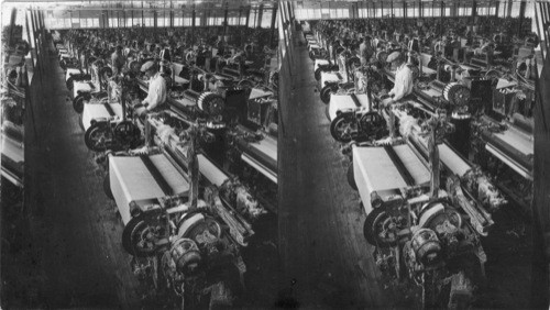 Weaving room - making 3 1/4 yd. of cloth weighing 1 lb. each machine makes 60 yd. in 10 hours, Dallas, Texas