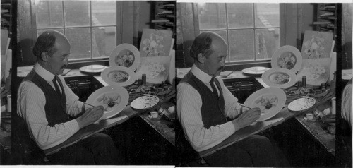 Mr. W. M. H. Morley one of the finest china painters in U.S. painting orchids on a service plate. "Lenox Inc." Makers of fine chinaware, Trenton, N.J