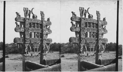 Detail-showing elaborate carving. The Sanchi Tope at Bhilsa India - Memorial Structure of Devout Buddihists 21 Centuries ago, India