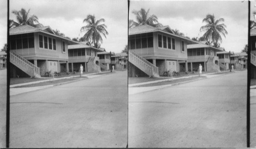 Street Scene showing sanitary construction of employees houses in Colon, P.C. Zone, houses elevated height of one story above ground on concrete pillars