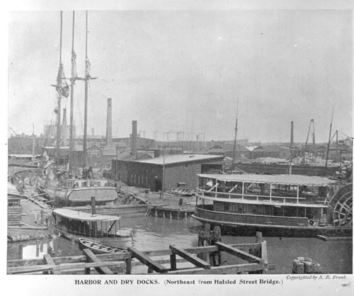 Harbor and Dry Docks, N. East from Halsled [Halsted] St. Bridge, Chicago, Ill