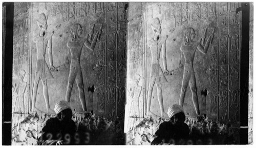 Sethos I and his son Ramses II worshipping their ancestors. Abydos. Egypt