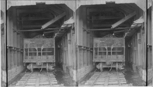 Car being loaded from "Breaker" while the coal comes out in shutes water is sprayed over it. Washing it. The shute has a screen and the small sized coal falls through and goes back to "breakers" to be resized. Scranton, Pa