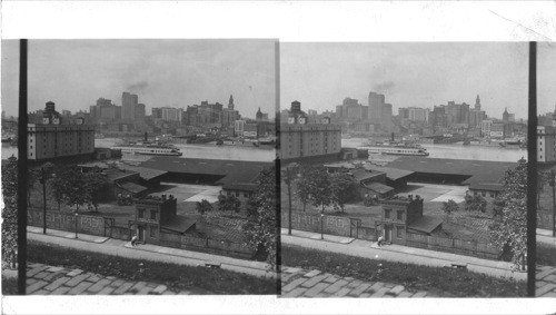 Looking North from Federal Park to City of Baltimore, MD. - Boat in foreground in the Tolchester Ferry Boat, holds a maximum load of 3500 persons & 60 autos