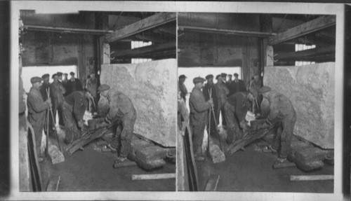 Placing Immense Marble Block for Cutting in Sawing Mill. Vermont