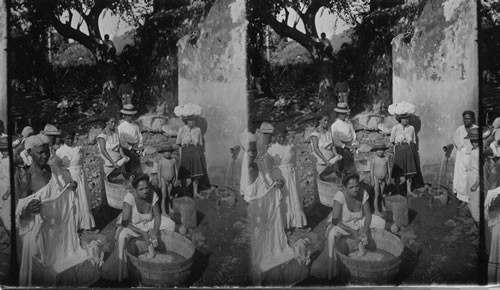 Native Indian women Washing Clothes at a Spring Near Panama City. Panama