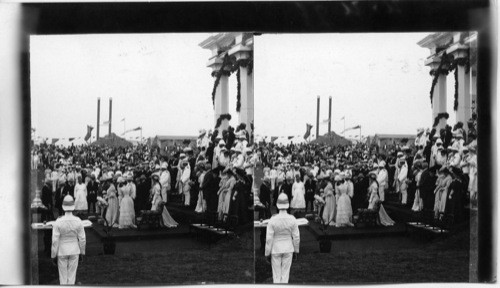 Hon. Ms. Hughes reading address, H.R.H. laying foundation stone New Dock. Bombay, India