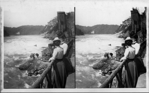 Looking at the tumbling foaming water below the Falls. Niagara Falls