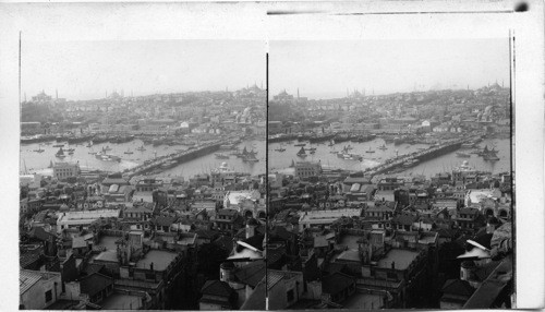 Bridge-Spanned Golden Horn and Stamboul’s mosque. S. from Galata. Turkey