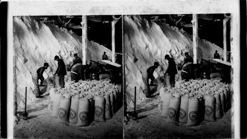 Sacking pulverized salt pumped from mine, 1,000 feet below surface. Hutchinson. Kansas