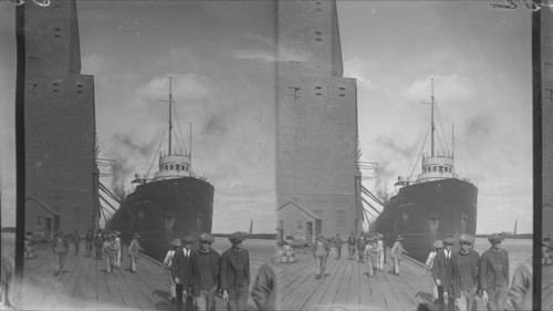 Loading grain on "Midland Prince" Canadian Steamship line boat at Fort William, Ont