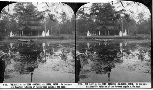 Inscribed in recto: 9195. THE LAKE in the EDEN GARDENS, CALCUTTA, INDIA. In the water is a beautiful reflection of the Burmese pagoda at the back