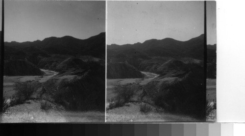 The canyons about a mile below the cam. St. Francis Dam and Santa Paula Valley after the break of the dam, March 13, 1928