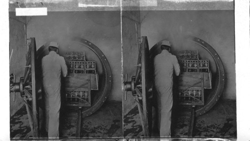 Milk bottles in great steam sterilizer, Fairfield Dairy. N. Jersey. U.S