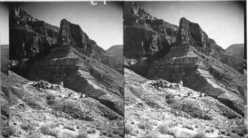 To Hermit Peak and to Hermit Creek Camp - Lodge kept by Fred Harvey (Santa Fe). Made with wide angel from Mt. side