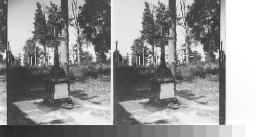 Small memorial cross to the men whose bodies were never recovered for burial. Center of Belleau Wood. Looking west, France