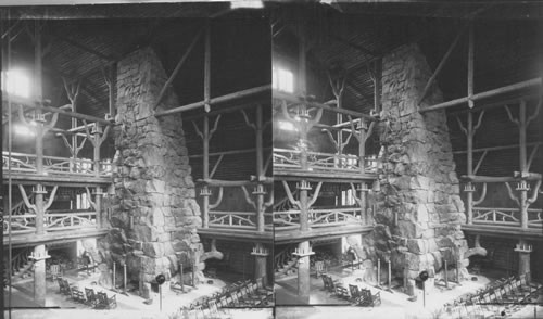 Great Stone Chimney and Fireplace, Interior of Old Faithful Inn, Yellowstone Park. Wyoming