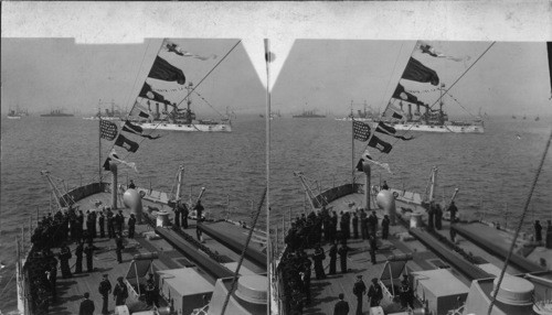 Some of the fifty splendid warships, naval pageant at the opening of the Jamestown Exposition. Pres. Roosevelt Tour