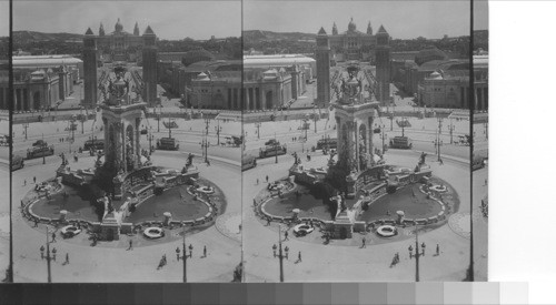 The Fountain of the Three Seas and Palacio de la Nacion. Plaza de Espana, Barcelona, Spain