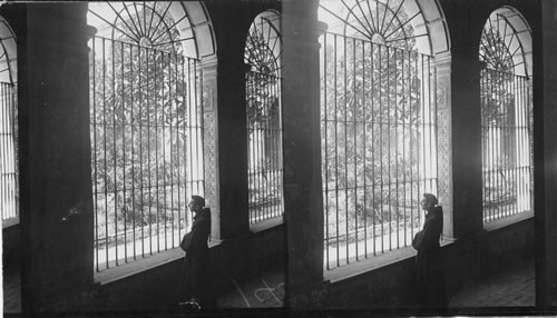 Interior San Francisco Convent - looking out over the Spanish cloister garden. Lima, Peru