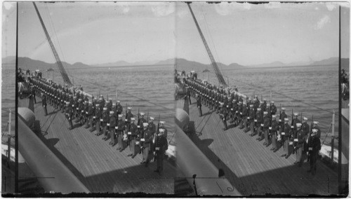 Company of Marines at attention, picked from the Navy to make trip with Pres. Alaska