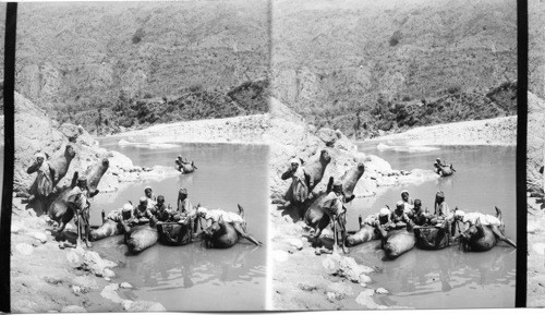 Ferry boats of Bullock Skins on the Sutley River in the Himalayas, India