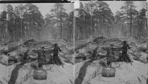 "Sweating out" tar from pine wood in the turf covered tar kiln. N. Carolina