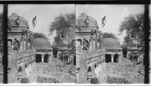 Mohammedan Boys Leaping from Tower 60 ft High into a Sacred Tank. Delhi. India