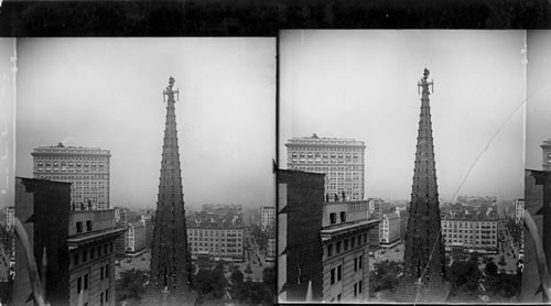 Tearing Down Dr. Oakhurst's Madison Square Church - steeplejacks at work on spire. New York