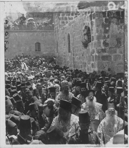 Easter procession of greek patriarchs entering chruch of the Holy Sepulcher. Jerusalem Holy Sepulcher