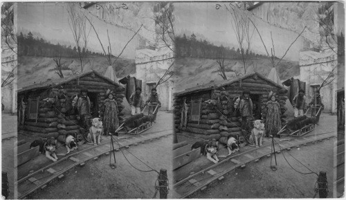 Eskimos and dog team before a Klondike Miners Cabin. This is a World's Fair or Exposition or Similar View