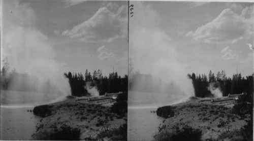 The Fan and Mortar Geysers on Brink of Firehole River, Upper Geyser Basin