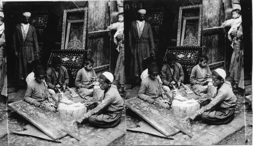 Crude makers of beautiful goods - making the famous inlaid pearl work, Damascus, Syria