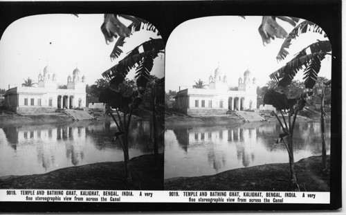 Inscribed in recto: 9019. TEMPLE AND BATHING GHAT, KALIGHAT, BENGAL, INDIA. A very fine stereographic view from across the Canal