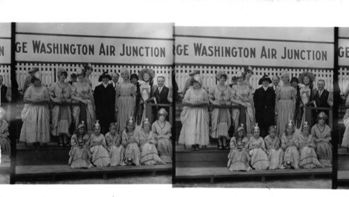 Group of people dressed as per the time of Geo. Wash [George Washington], during a similar occasion when a balloon ascended. Geo. Washington Airport, Washington,D.C