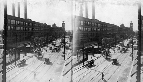 Goodyear Factory, One of the shifts of men coming out. Akron, Ohio. General view of Goodyear Factory, Akron, Ohio