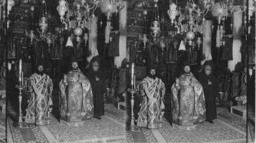 Monks in the Monastery Church, Mt. Sinai. Sinai Peninsula