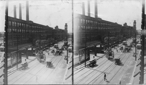 Goodyear Factory, One of the shifts of men coming out. Akron, Ohio