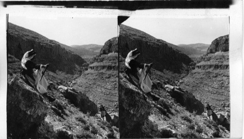 Scene of Jonathan’s victory at Michmash, head of precipitous Wady es Sueveinit. Palestine