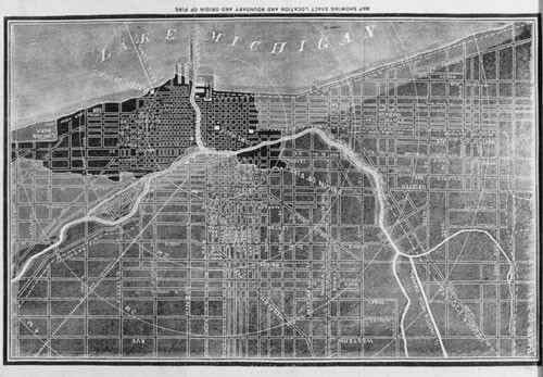 Map showing exact location & Boundary and Origin of fire, Chicago