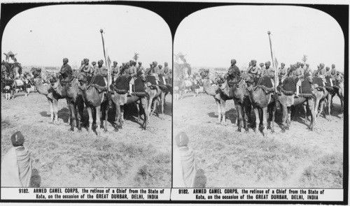 Inscribed in recto: 9182. ARMED CAMEL CORPS, the retinue of a Chief from the state of Kota, on the occasion of the GREAT DURBAR, DELHI, INDIA