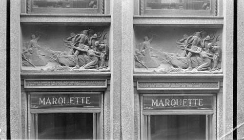 Tablet located on the front entrance of the Marquette Bldg. 72 W. Adams St. Chicago, Ill. Attacked by the Metchigami