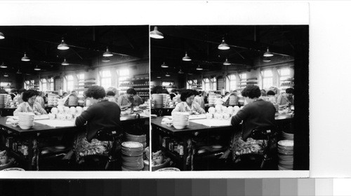 Stoke-on-Trent: women painting in the stenciled designs on dinnerware before its final firing at the Johnson Brothers Ltd. plant Stone-on-trent, in the heart of Britain's china and porcelain industry