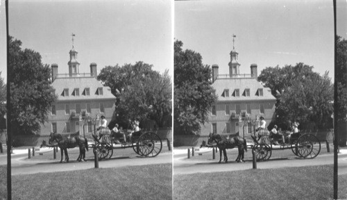 Governor’s Palace and Palace Green - The entrance gates of the Governor's Palace in Williamsburg are at the end of the spacious Palace Green. A long approach avenue lined with formally planted trees was typical setting for an important building in colonial Virginia. Records prove that the Palace Green was planted with catalpas. The measurements for the oval before the forecourt along with other architectural details were recorded by Thomas Jefferson during his years of residence in the Palace as Governor. The Bodleian Plate showing the splayed wall, enclosing the Palace forecourt, was authenticated by archaeological excavations in the area. The usual Kip engravings of English estates from his Britanna Illustrata of 1717 shows one of even a series of forecourts to the fashion. Williamsburg, Virginia